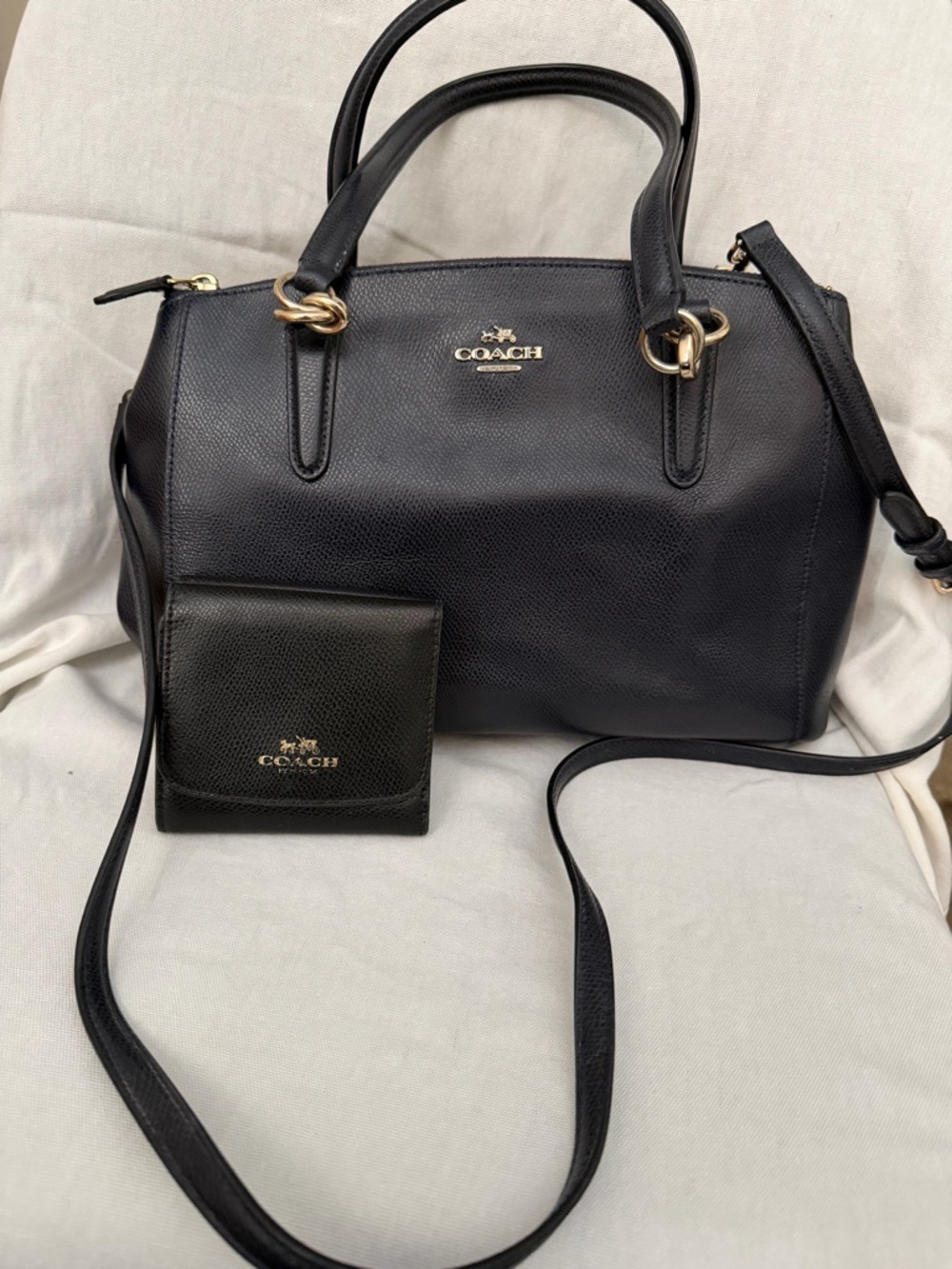 Coach Dark Blue Pebbled Leather Satchel with Matching Wallet and Strap